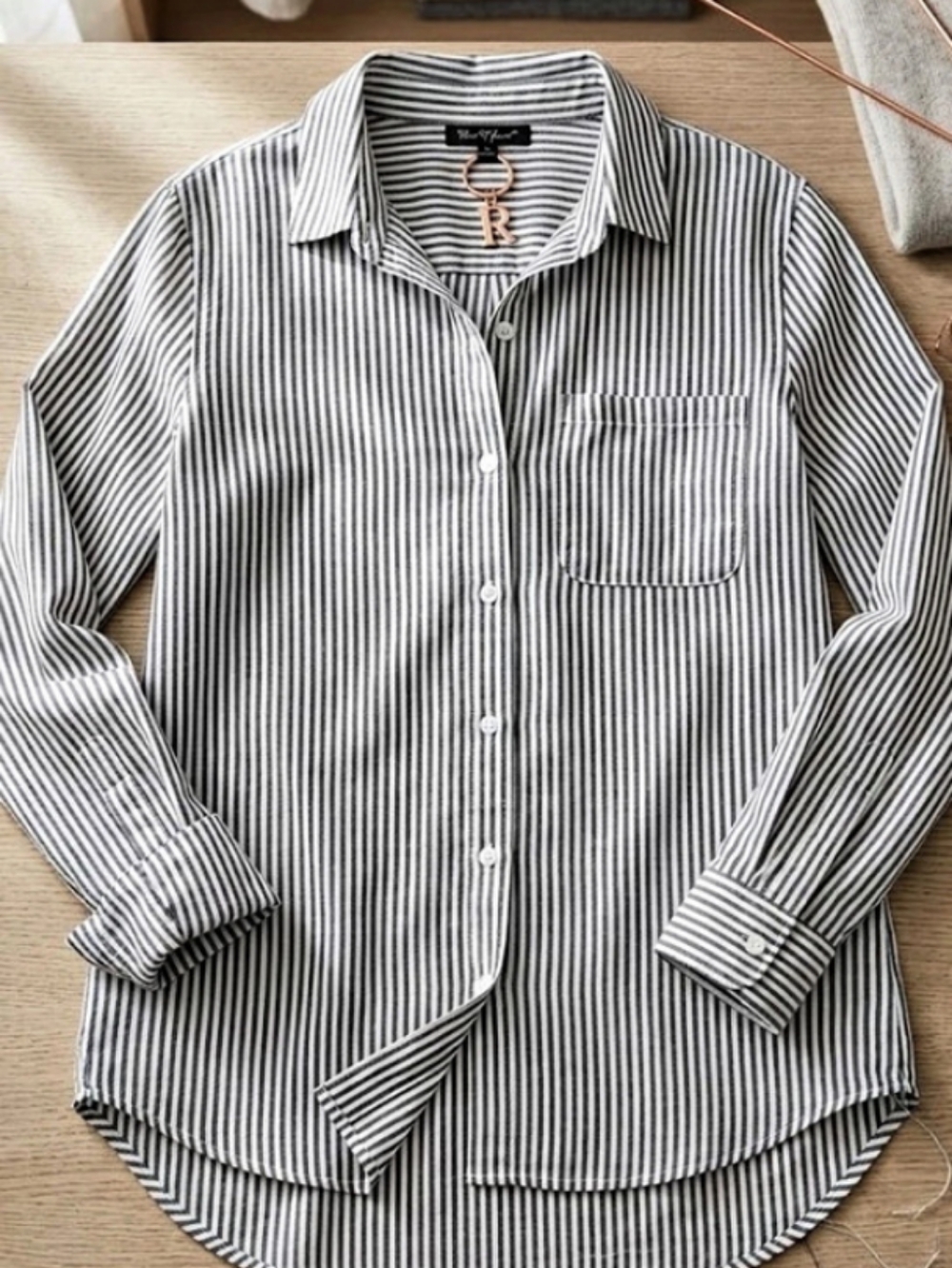 Velvet Heart Striped Button Down Shirt Grey White (Sz M) Classic Fall Capsule